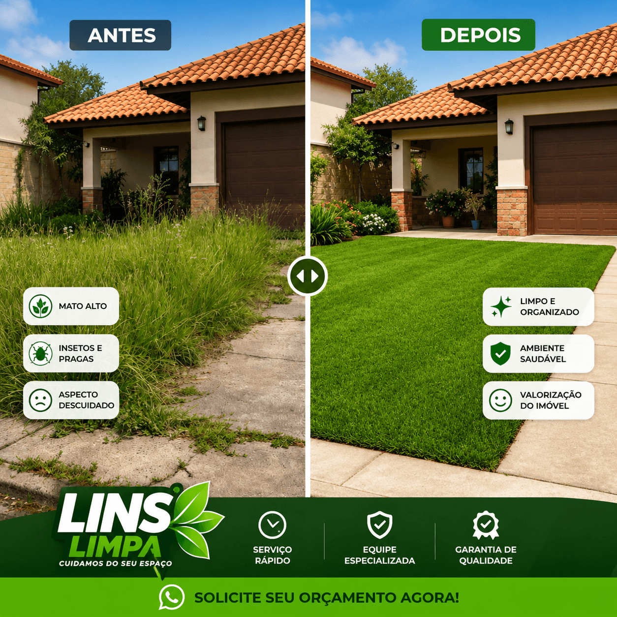 Antes e depois de limpeza de terreno em Lins/SP — transformação de área com mato alto para terreno completamente limpo